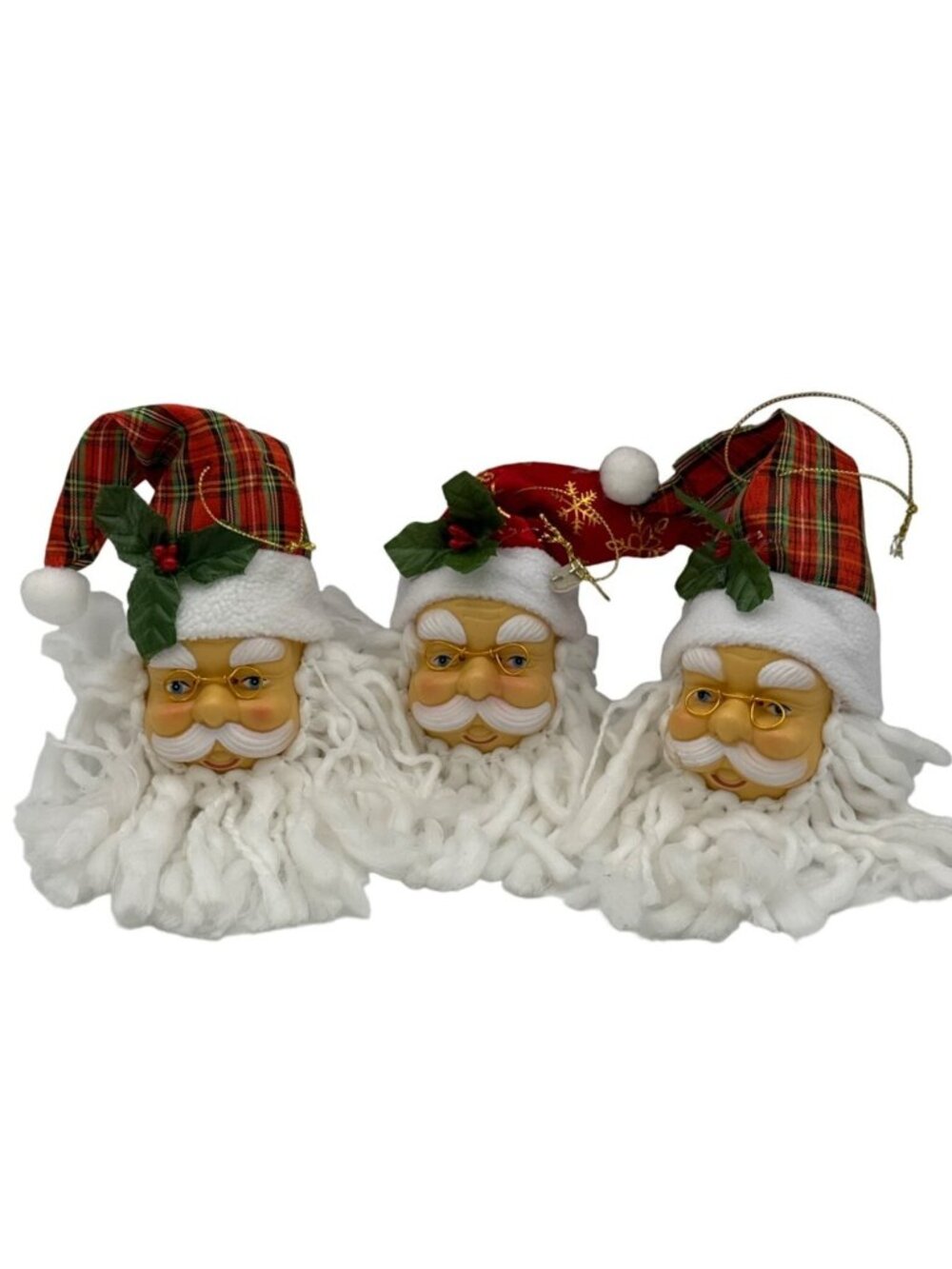 Santa Face Head with White Yarn Beard Christmas Tree Ornament Plaid Gold Holly